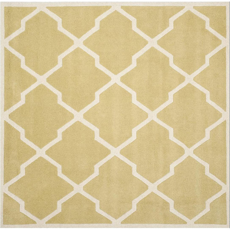 Tapis doré / ivoire en laine touffeté à la main à motif géométrique Carolene, Carré 7 pi