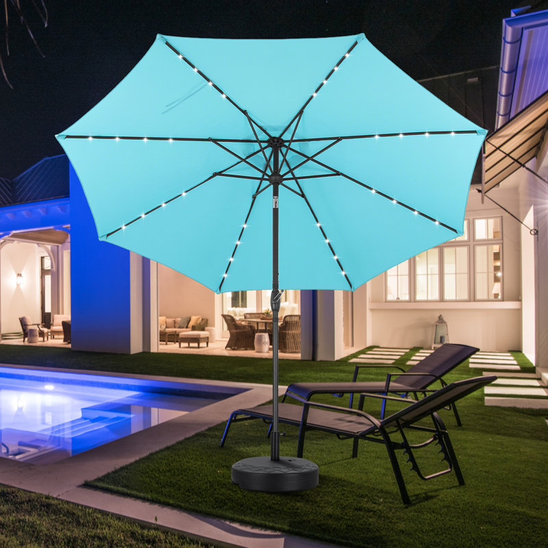 Parasol de patio 10 pi avec lumières, base et moustiquaire, Bleu