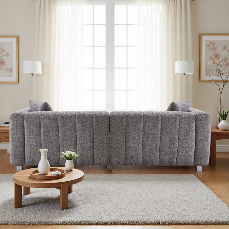 87.4'' 3-Seater Teddy Velvet Sofa, Upholstered Couch With Metal Base Legs & 2 Pillows For Living Room, Bedroom, Gray