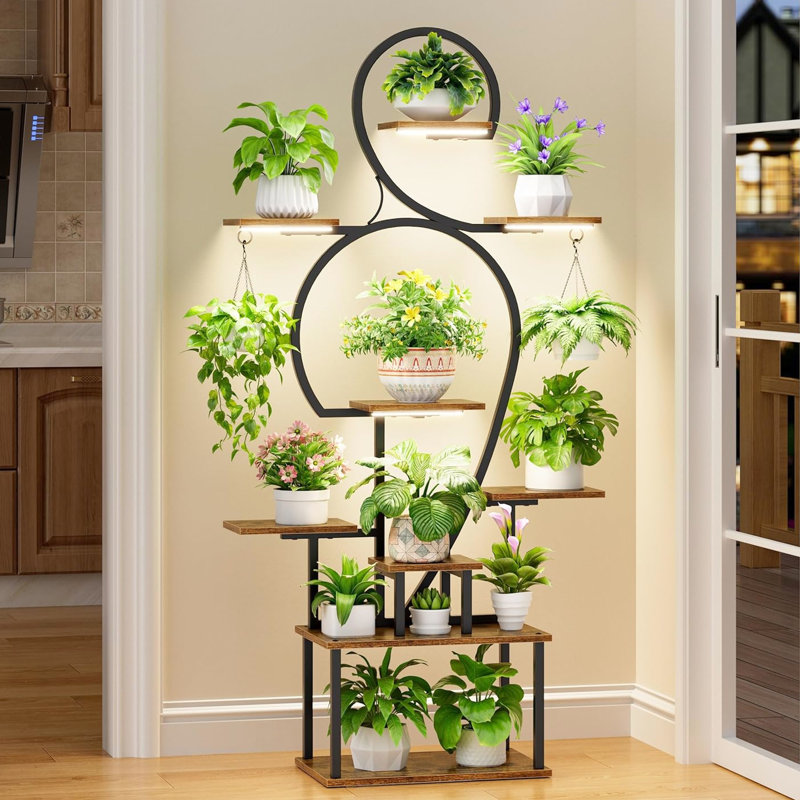 Support pour plante d'intérieur avec culture, structure en métal à 9 niveaux de 63 po de hauteur, design moderne chinois pour l'espace de vie, apparence de noyer brun, étagère à base horizontale, plusieurs plantes dans le balcon,