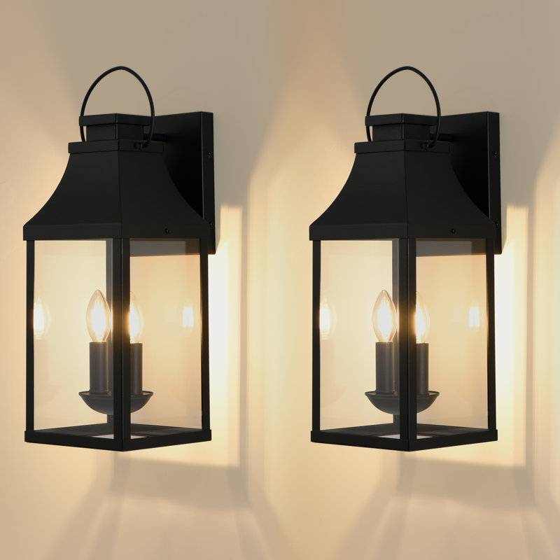 2-light 20'' H Black Outdoor Wall Lantern, Modern Industrial Porch & Patio Light Wall Sconce With Tempered Glass, Waterproof Exterior Lighting