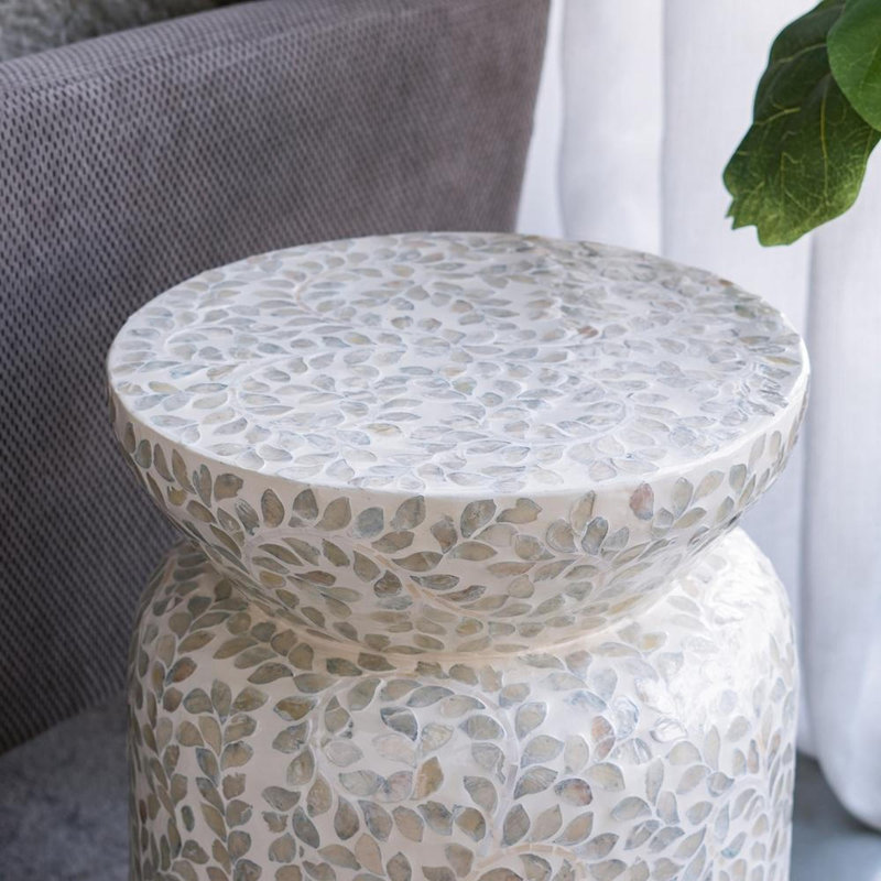 14x14x20" Round Bamboo Accent Table with White Capiz Shell Design