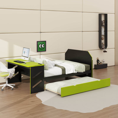 Lit de jour en bois pleine grandeur avec lit gigogne simple, bureau et port USB