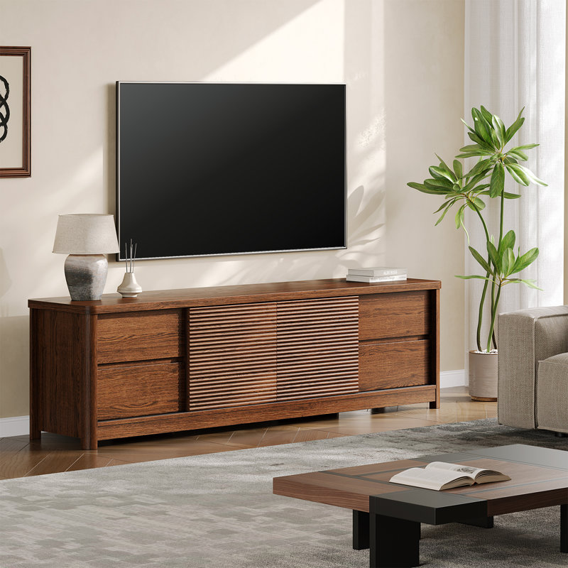 Fluted Wave Design TV Cabinet, for TVs up to 75 Inches, Walnut