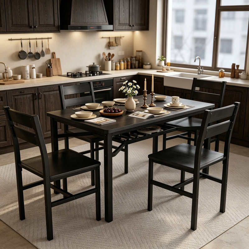Ensemble de table de salle à manger et de chaises de style campagne moderne 5 pièces, petite table de cuisine rectangulaire avec 4 chaises et support de rangement, plateau de particules et ensemble de coin repas en métal pour 4, ensemble de tables de bar peu encombrantes