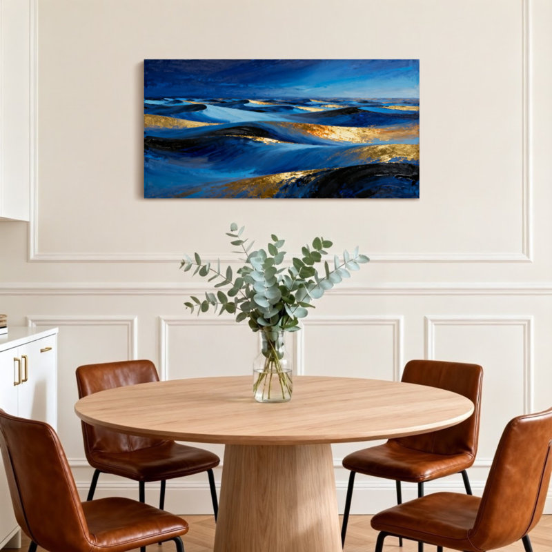 Paysage et nature, vagues bleues, lumière dorée, art océanique abstrait, H 28 po x l 58 po
