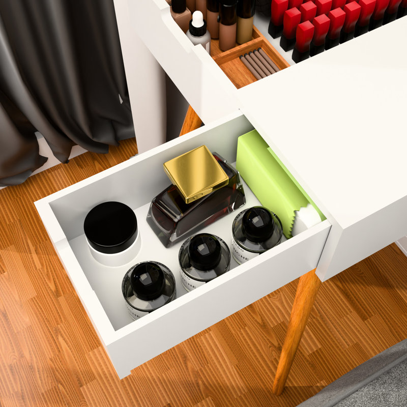Petite table de meuble-lavabo avec lumières à DEL tricolores et compartiments de rangement, convenant à la chambre à coucher, au vestiaire, au bureau, au miroir à couvercle rabattable blanc 2 pièces