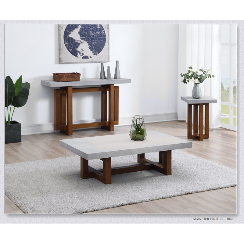 Keven Faux Concrete Top & Walnut Finish Sofa Table, Durable And Stylish For Modern Living Spaces, Gray, Brown