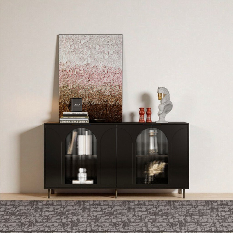 Buffet décoratif en bois laqué noir avec 4 portes en verre - Buffet de rangement moderne pour salle à manger et salon, Noir