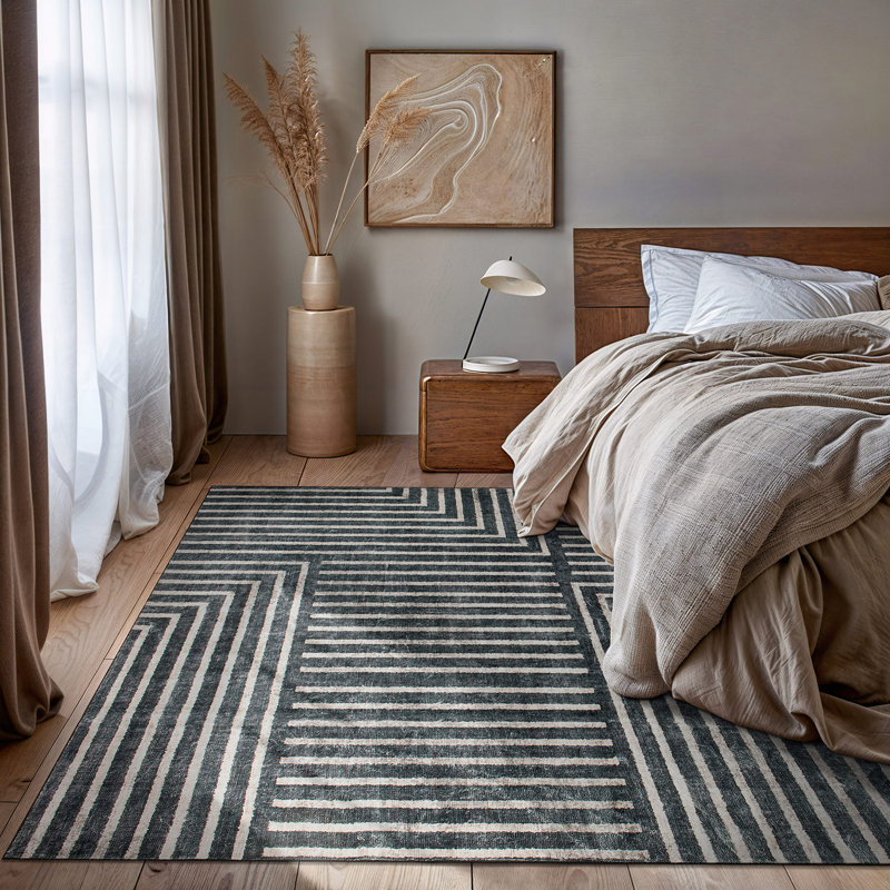 Tapis lavable antidérapant à rayures bohémiennes délavées, Rectangle 5 pi x 7 pi