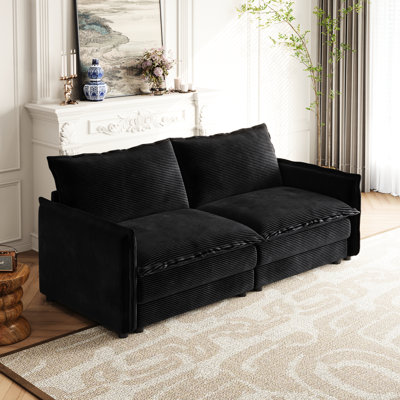 Corduroy Couch For Living Room - 2 Grey Solid Wood Frame High Fabric Upholstery Structure Sponge Filled Comfortable Seating