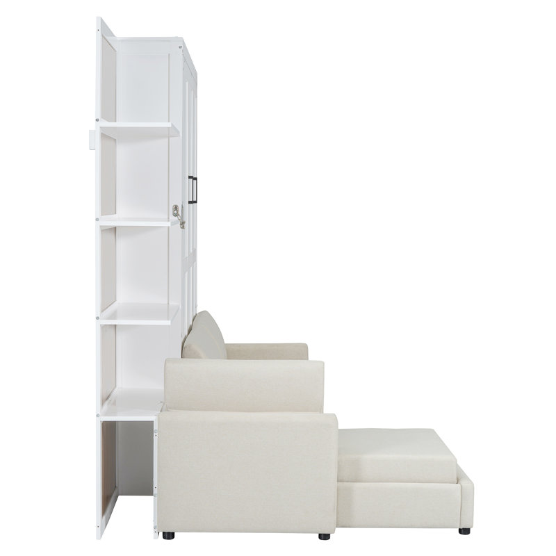 Grand lit escamotable mural avec canapé et tablettes, Blanc
