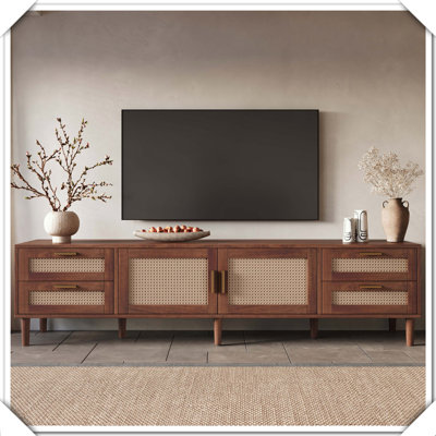 Modern TV Stand Solid Wood Legs 4 Drawers Soft Closing Hinges Entertainment Center