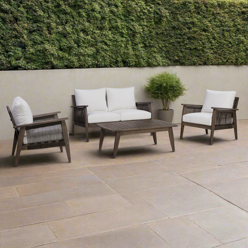 4-Piece Acacia Wooden Patio Conversation Set With Thick Cushions & Matching Coffee Table