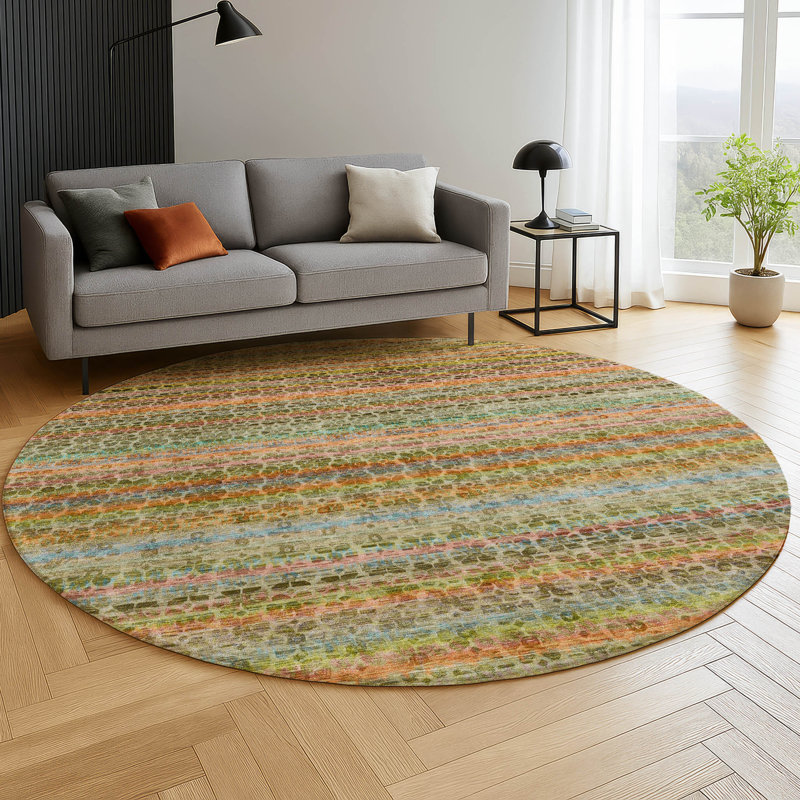Premium Machine Washable Mayfield AMF2155 Striped Rug, Round 8' , Coral