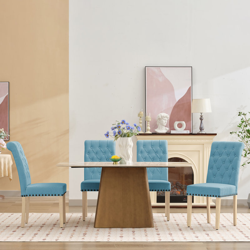 Amby Linen Tufted Upholstered Parsons Dining Chairs with Wood Legs, Light Blue