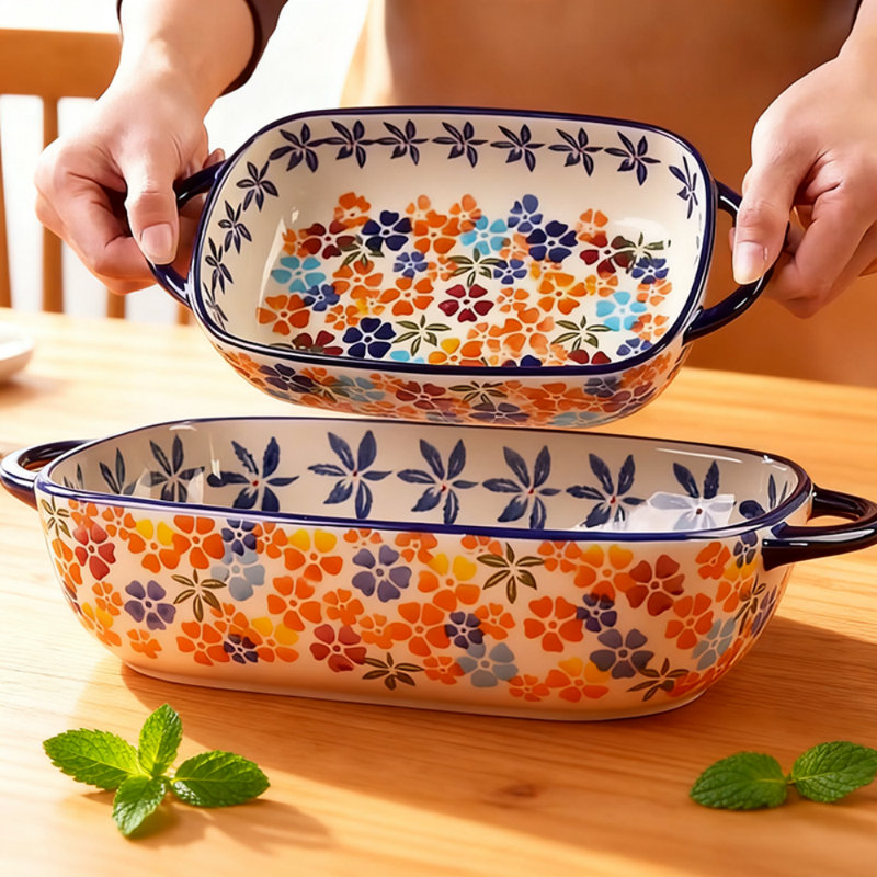 2 pieces of large-capacity exotic ceramic baking dishes and dinner plates with pattern decoration and double-ear handles, rectangular ceramic baking bowls suitable for oven use, and cooking utensils