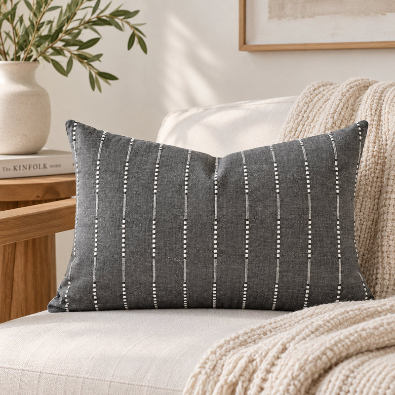 Housse de coussin lombaire en coton tissé à la main gris thaï, accessoire décoratif, Gris, Rectangle H 12 po x l 22 po
