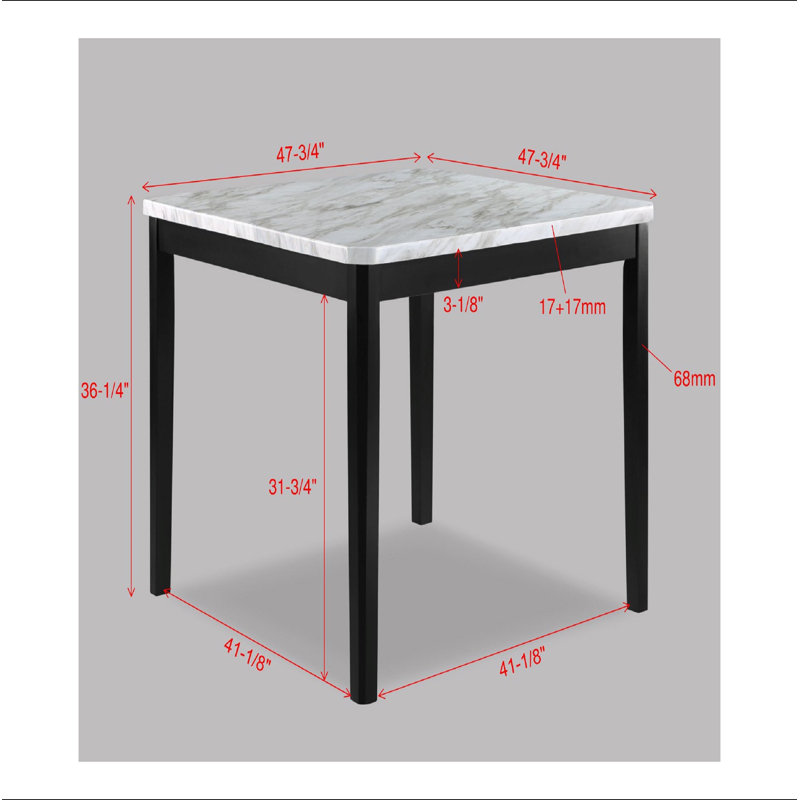 1 table de salle à manger à hauteur de comptoir transitionnelle carrée en faux marbre blanc avec base en bois noir et salle à manger