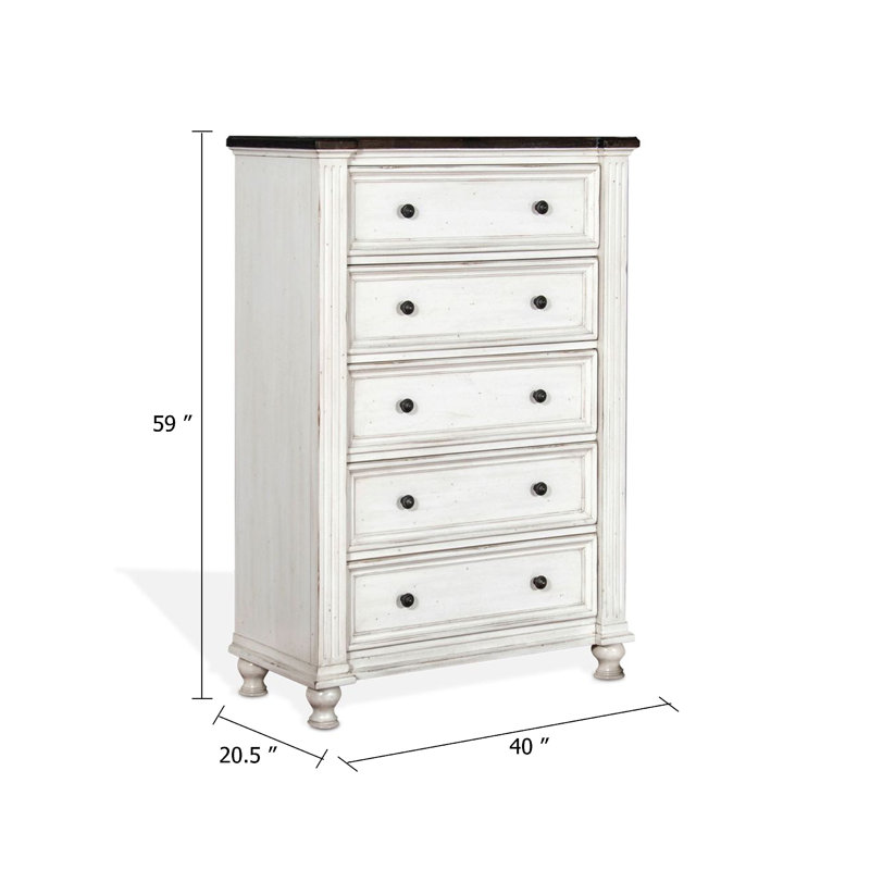 Commode haute Orso, 5 tiroirs, panneau détaillé en bois d'acajou blanc