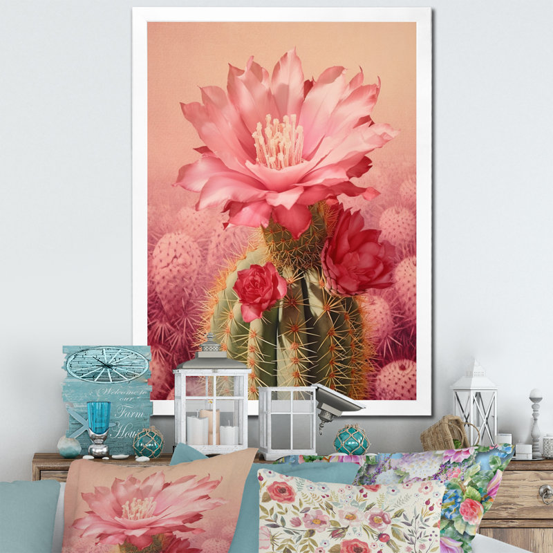 Cactus rose vert, collage minimal sur toile, H 40 po x l 30 po x P 1,5 po, Cadre photo blanc