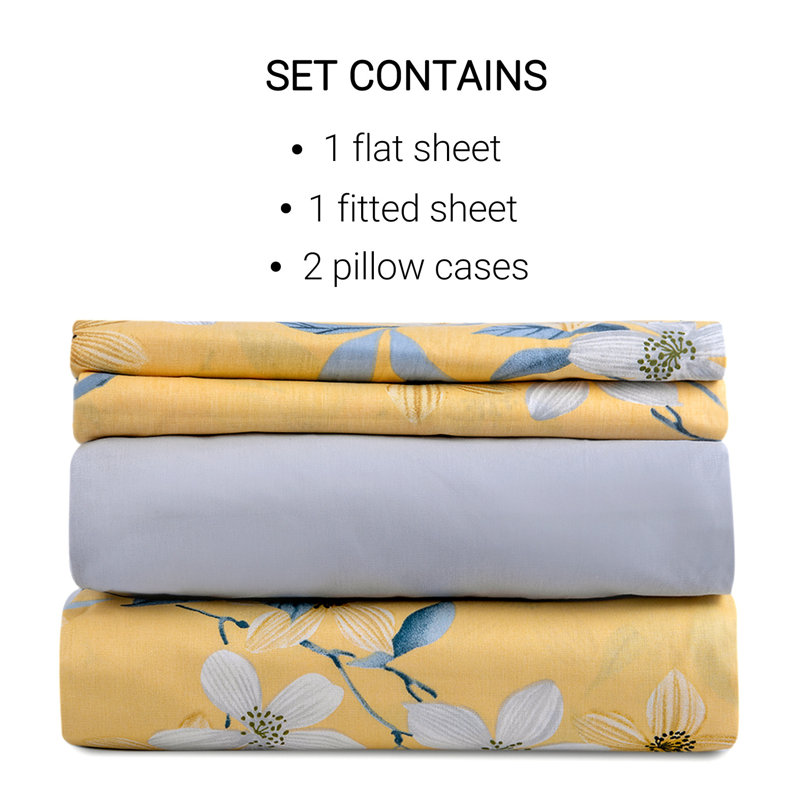 Queen Organic Cotton Percale Yellow and White Floral Sheet Set
