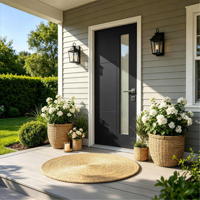 36"X80" Fiberglass Front Door With White 4-9/16" Pvc Frame,Left-Hand Inswing Exterior Door With Brickmould,Contemporary Minimalist Brushed Skin & Grooved Line With Frosted Glass For Home Entrance, Bla