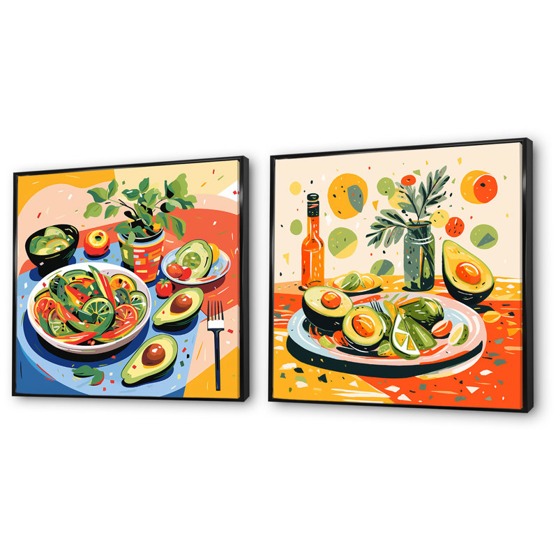 «Green and Red Avocado Impressionist I», ensemble de 2 reproductions d'art sur toile, Cadre flottant noir