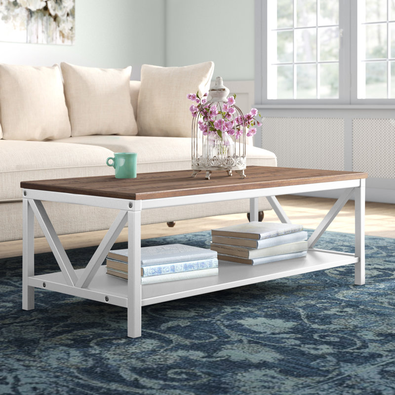 V-Frame Two-Tone Coffee Table with Lower Storage Shelf, White, Rustic Oak