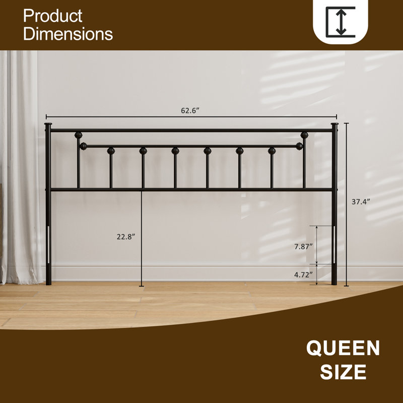 Metal Headboard - Adjustable Height - Only For Bedroom, Rustic Farmhouse Style, Attach Frame, Black, Queen
