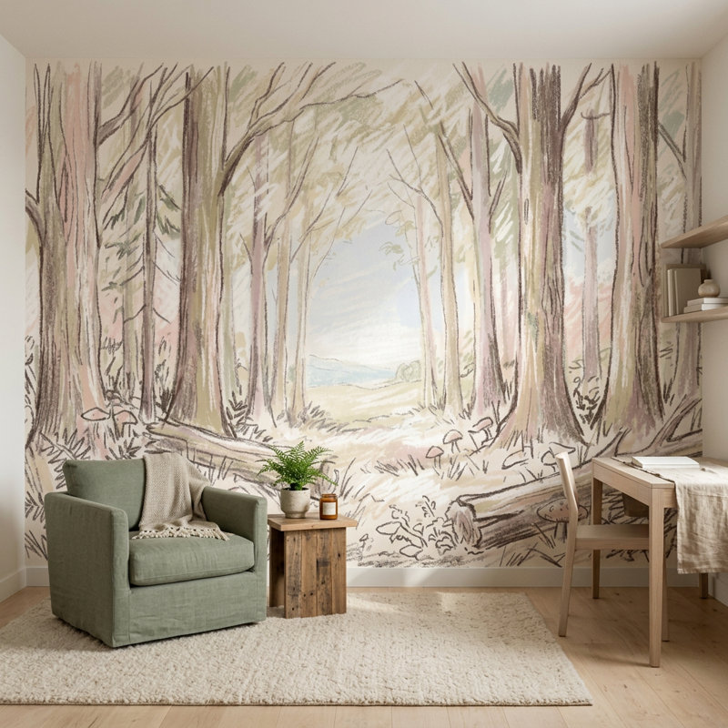 Papier peint forêt, aquarelle douce, paysage de forêt, 120 po x 96 po, Peler et coller