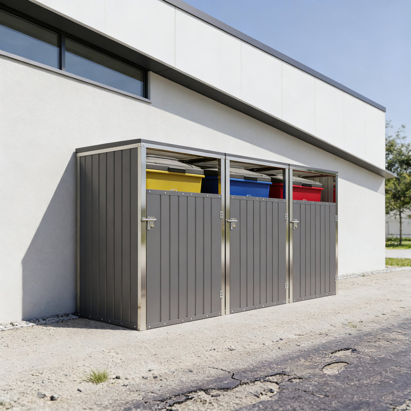Outdoor Trash Bin Storage Shed With Pneumatic Support, Lockable Doors, And Dual-Lid Chain System For Garden And Patio.