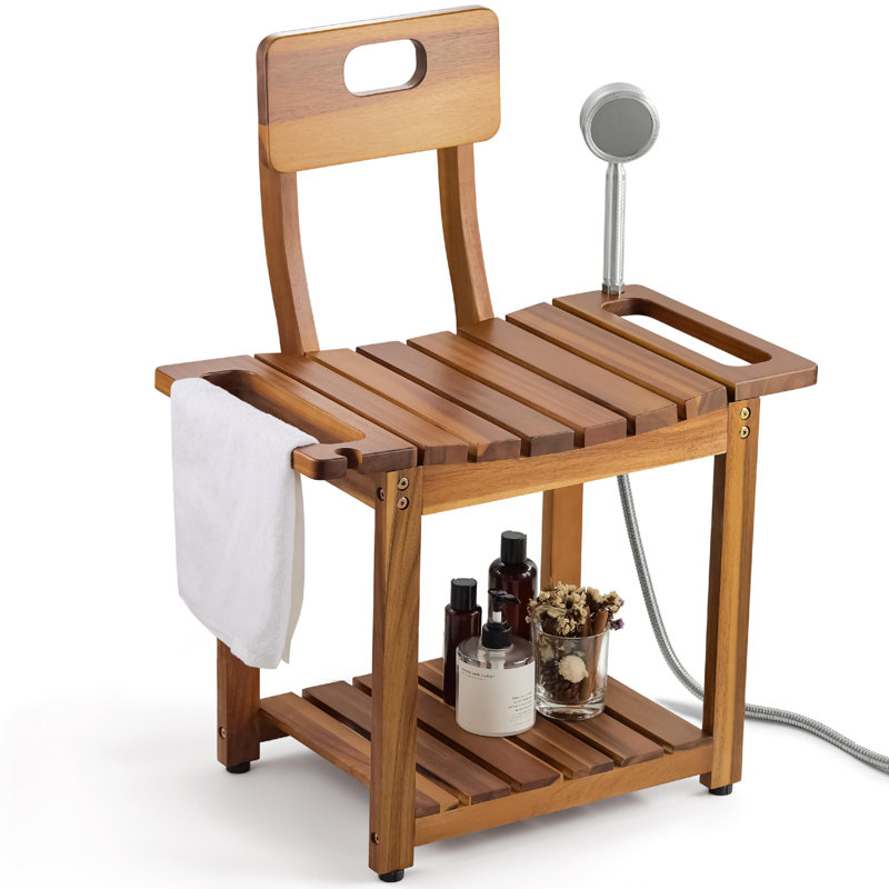 23.4'' Shower Chair With Backrest Bath Chair For Inside Shower Or Tub, Heavy Duty 450 Lbs Support, Non-Slip Feet, Shelf Storage, Built-In Handles For Elderly Or Adults (Acacia)