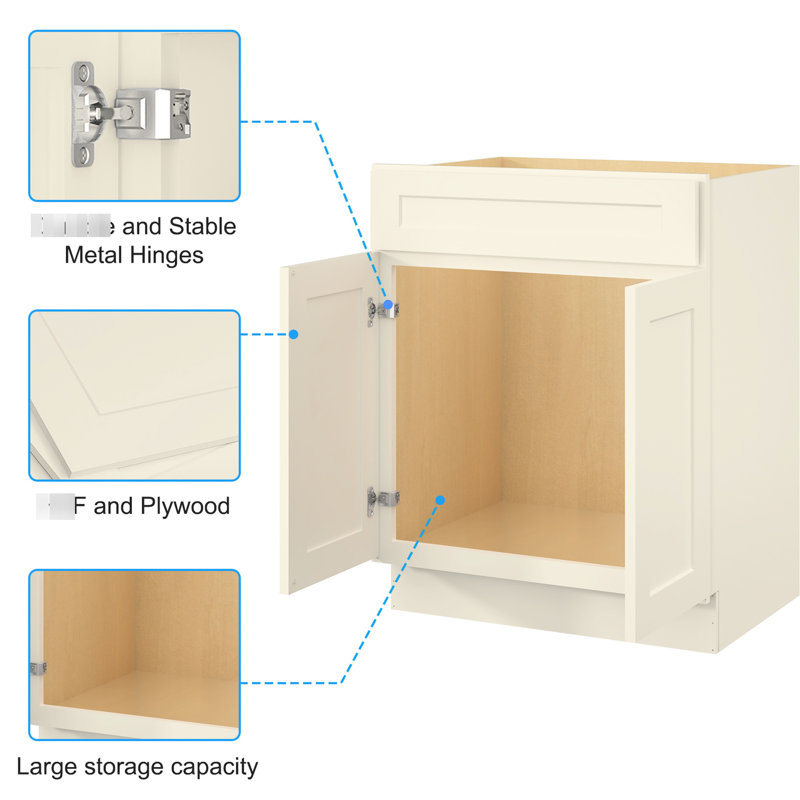 Armoire de meuble-lavabo antique en contreplaqué blanc antique - 24 po x 21 po x 34,5 po, salle de bain et cuisine, fermeture silencieuse, l 24 po x P 21 po, H 34,5 po