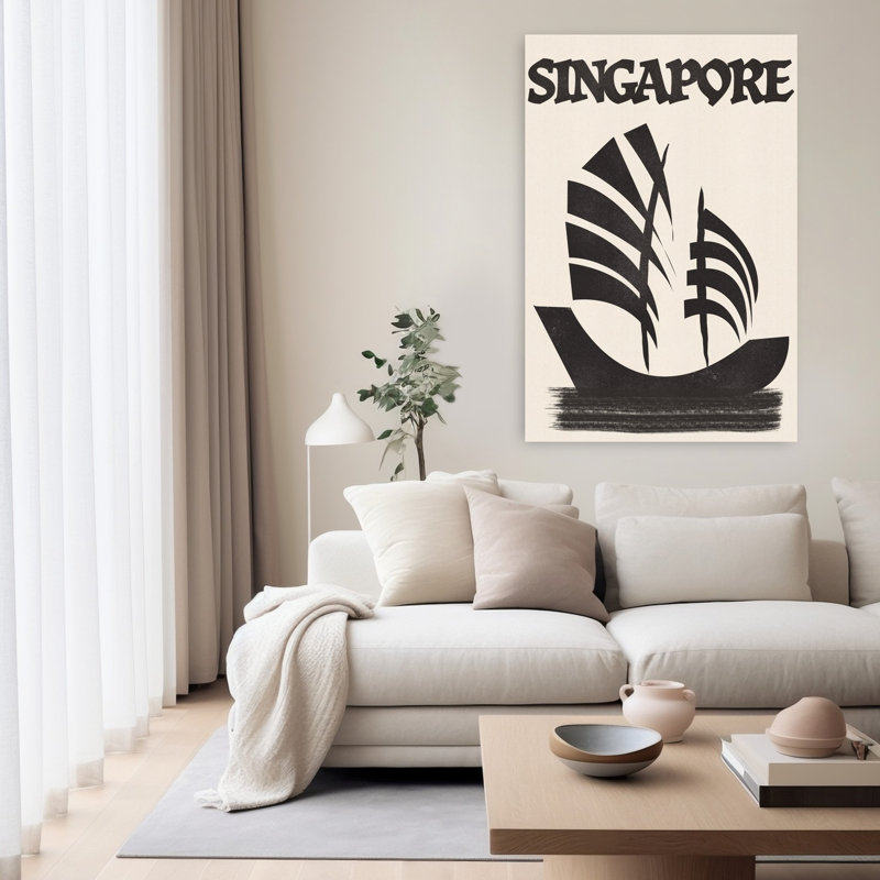 Singapore Junk Sail Minimalist Retro Traditional City Ocean Wall Art Print 1 Piece Wrapped Canvas Wall Art