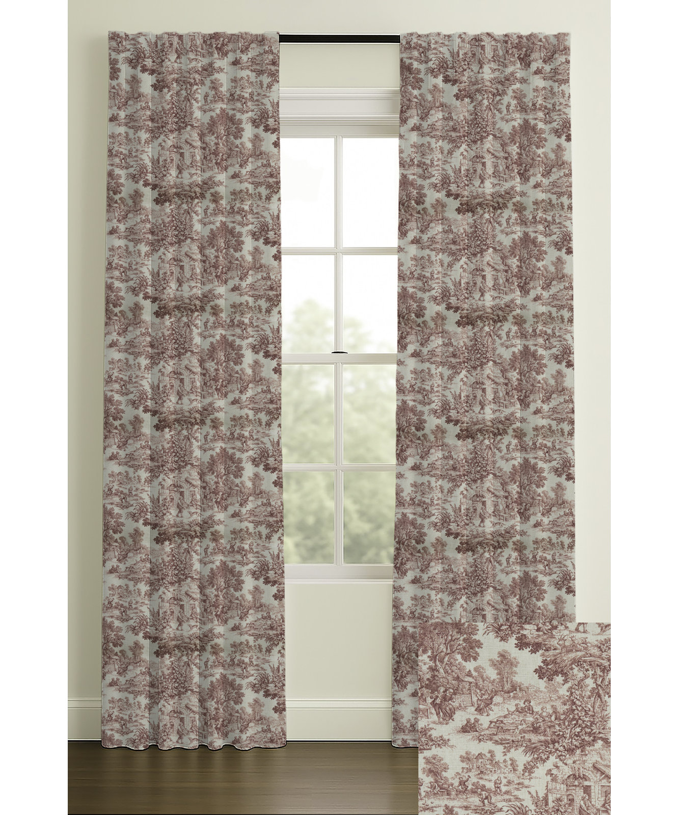 Murphy Toile Print Blackout Curtain, Red, 50" W x 132" L, Double Lining