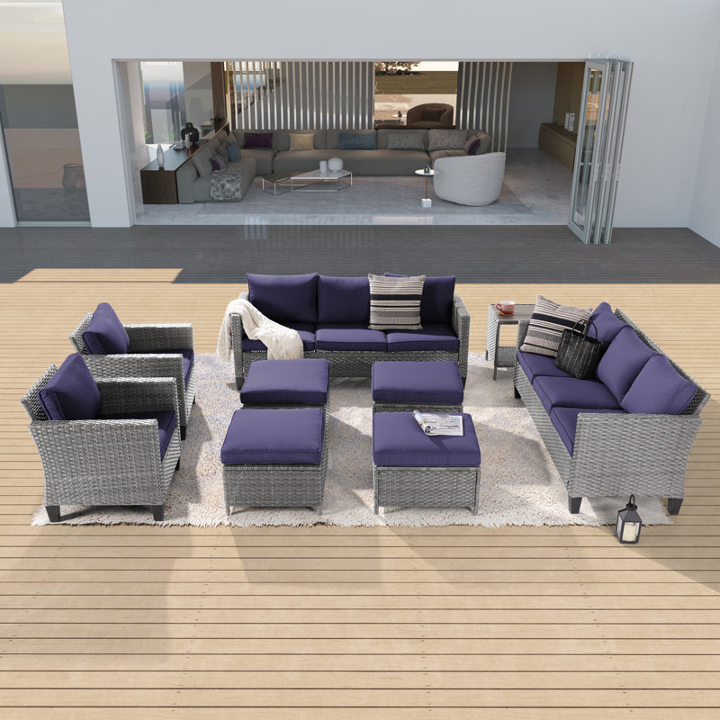 8 - Person Patio Conversation Set with Cushions, Gray, Navy