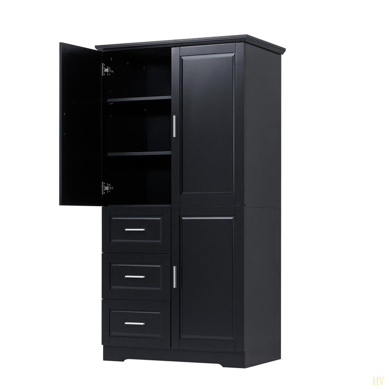 Tall And Wide Storage Cabinet With Doors For Bathroom/Office, Three Drawers, Black