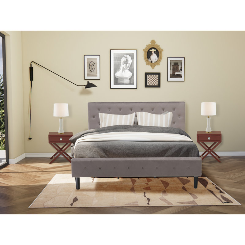 Ensemble de chambre à coucher moderne 3 pièces - Structure de lit capitonnée à boutons très grand - Tête de lit tapissier en velours taupe brun et table de chevet à finition bourgogne