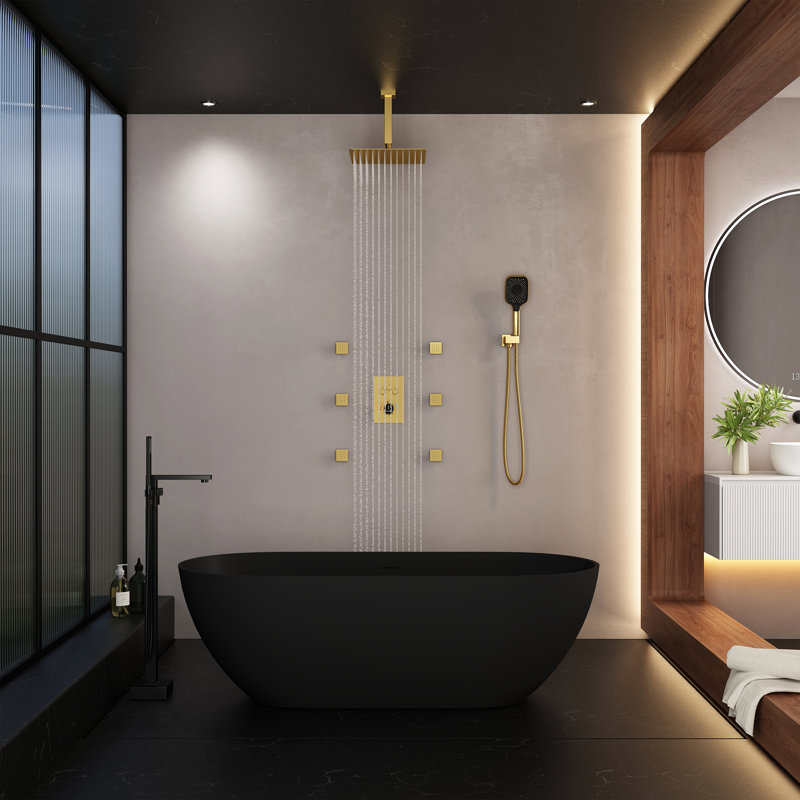 Revitalize 3-Function 12 Inch Ceiling Mount Rainfall Thermostatic Shower System with 6 Body Jets, Brushed Gold