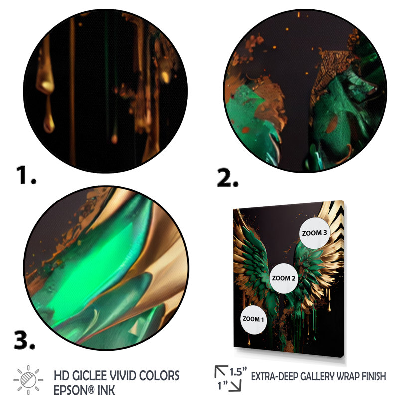 Ensemble d'illustrations murales sur toile vert et or Angel Wings I - Wings Angel, H 36 po x l 28 po x P 1 po