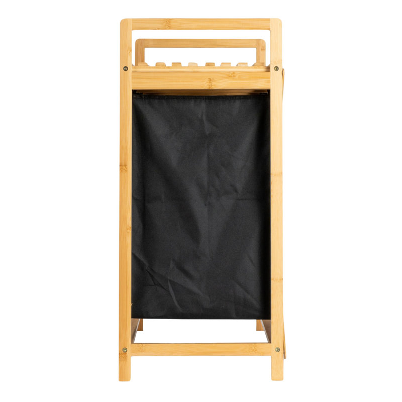 Natural Bamboo and Black Fabric Double Tilt-Out Hamper with Shelf