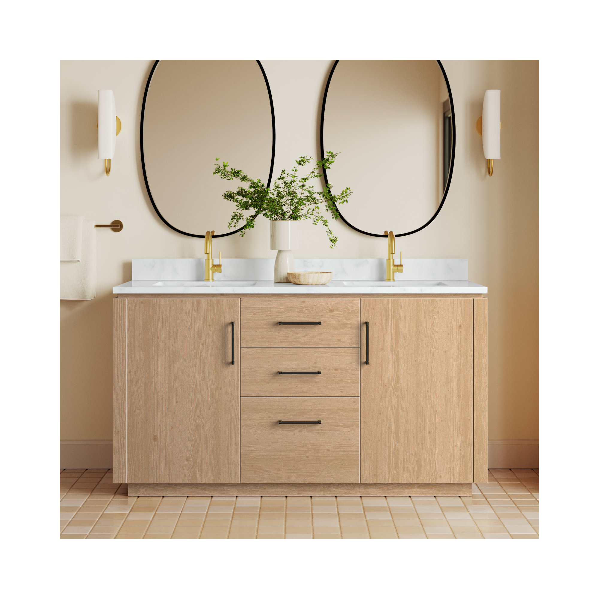 Cloverfield 60'' Double Bathroom Vanity, Fir Wood Brown, Matte Black