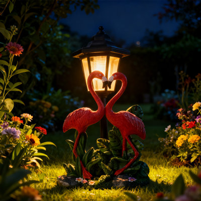 Statue solaire de jardin flamant avec lanterne, lumière solaire décorative extérieure en résine de 13,1 po, éclairage de paysage à DEL automatique et imperméable pour allée et patio, cadeau de pendaison de crémaillère