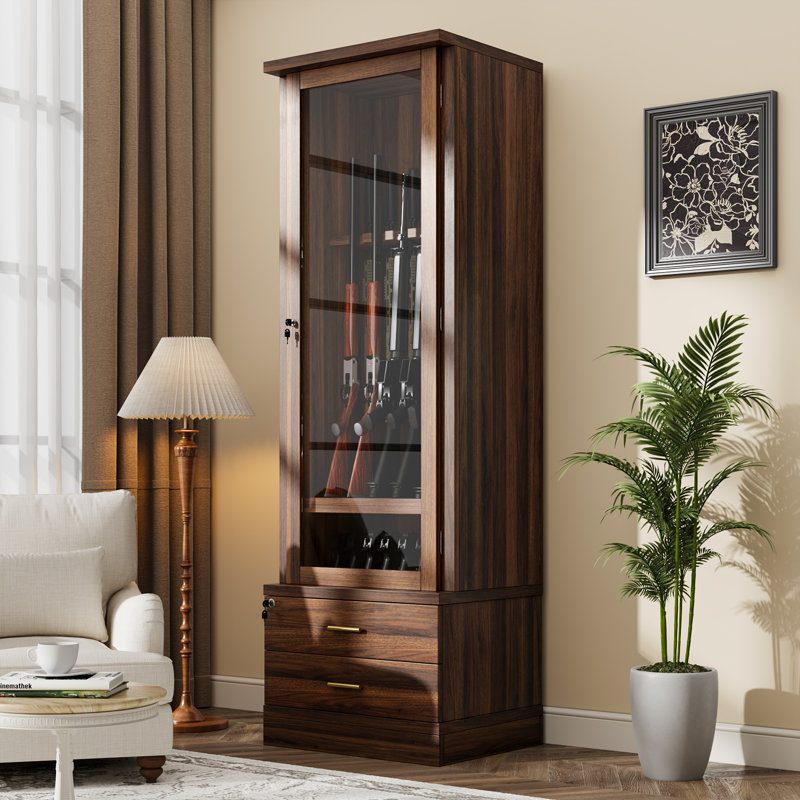 71.1" Tall Wooden Gun Cabinet with Lock, Glass Door & Storage Drawers