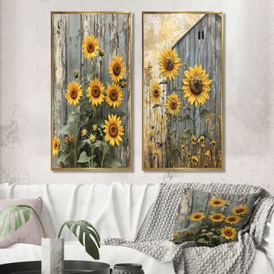 Tournesols rétro par The Grain Barn I - Art mural floral, collection 2 panneaux