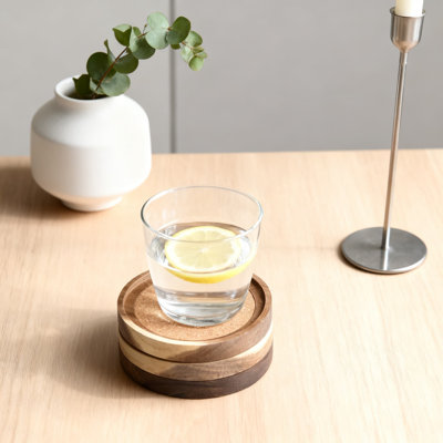Wood Drink Coasters Set Of 6 With Absorbent Cork Backing, 4.13 Inch Reusable Cup Holders For Table Protection