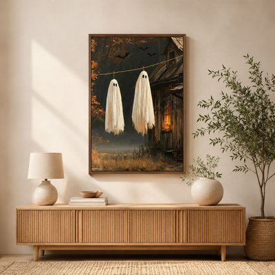 Halloween Ghosts Hanging Rope Spooky Cabin Bats Canvas Wall Art with Floating Frame, Ready to Hang