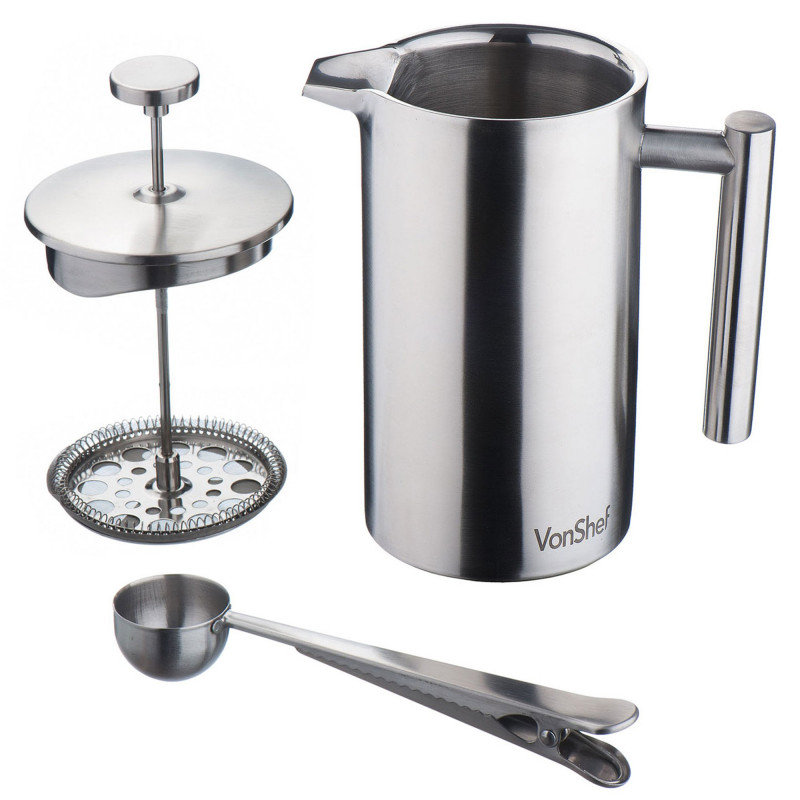VonShef 6 Cup Cafetiere, 0.8 L, Silver