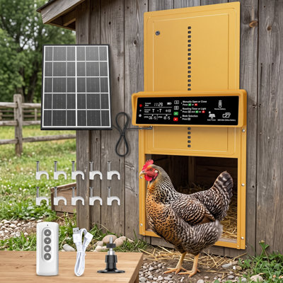 Porte de poulailler automatique à énergie solaire, finition dorée, barrière de volaille automatique équipée d'une minuterie et d'un détecteur de lumière, module solaire de 7 W, protection anti-pincement, fabrication en aluminium résistant aux intempéries, attaches en fil de fer et écran ACL inclus